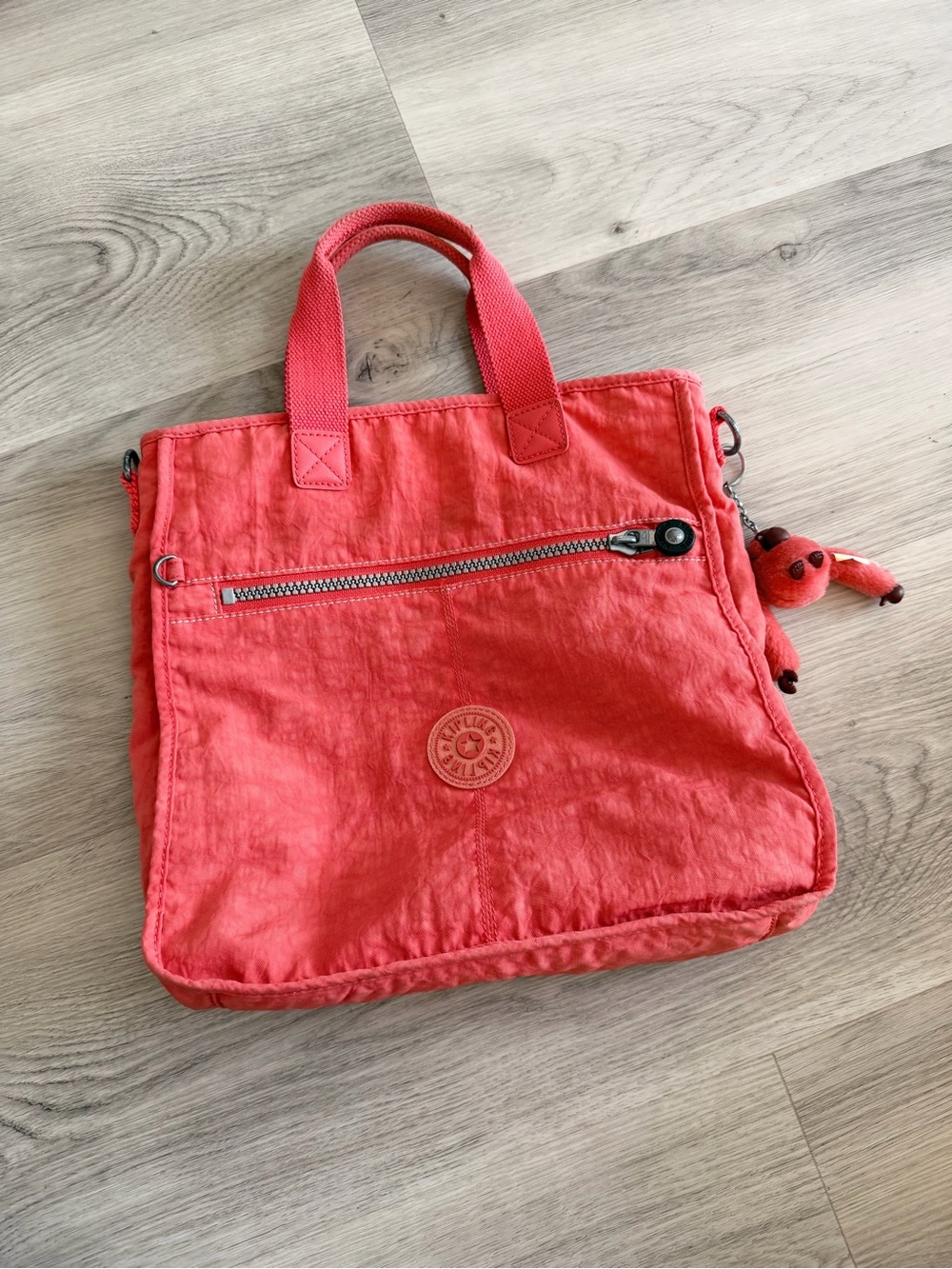 Kipling Coral Pink Nylon Tote with Monkey Charm